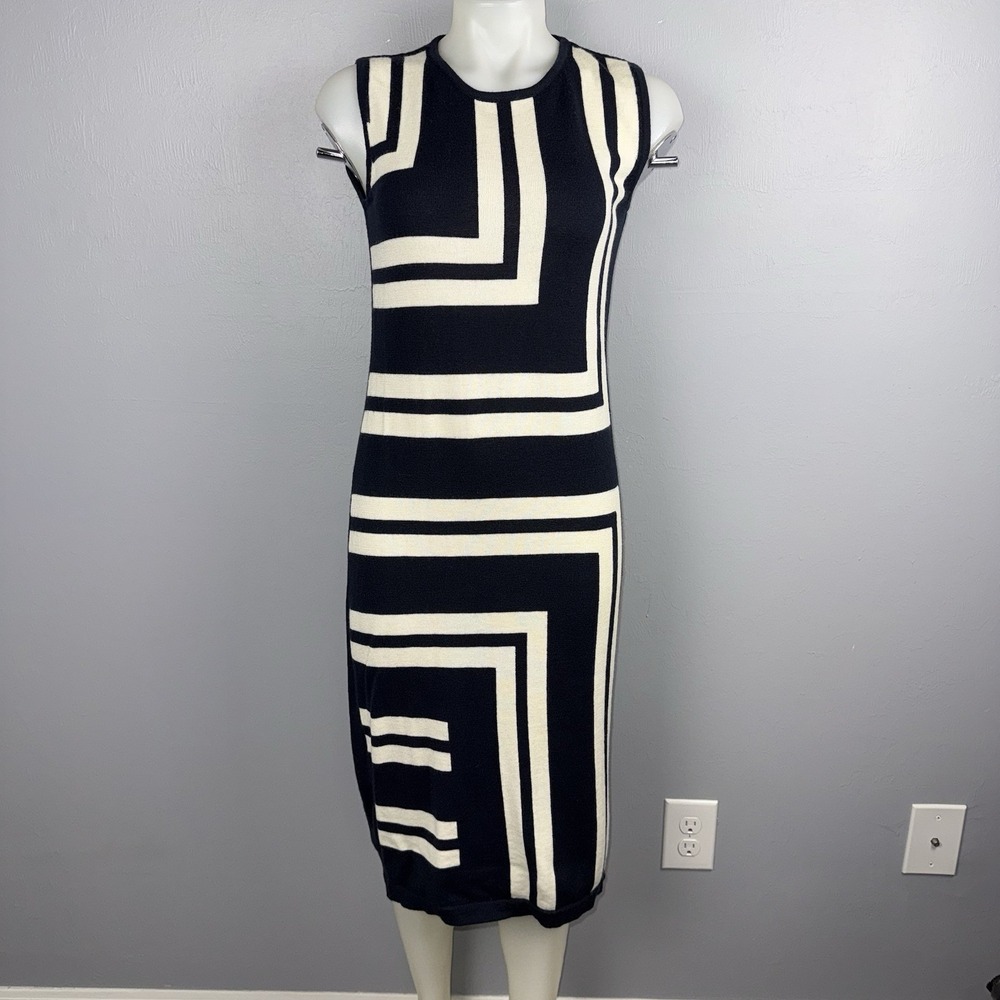 W by Worth Geometric Knit Shift Dress Womens Small Navy/ Off White
